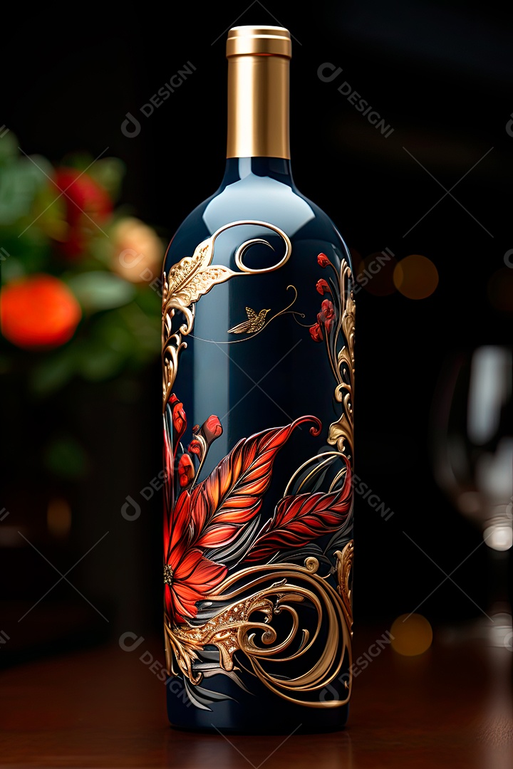 Garrafa de vinho tinto personalizada adornada com arte de rótulo intrincada