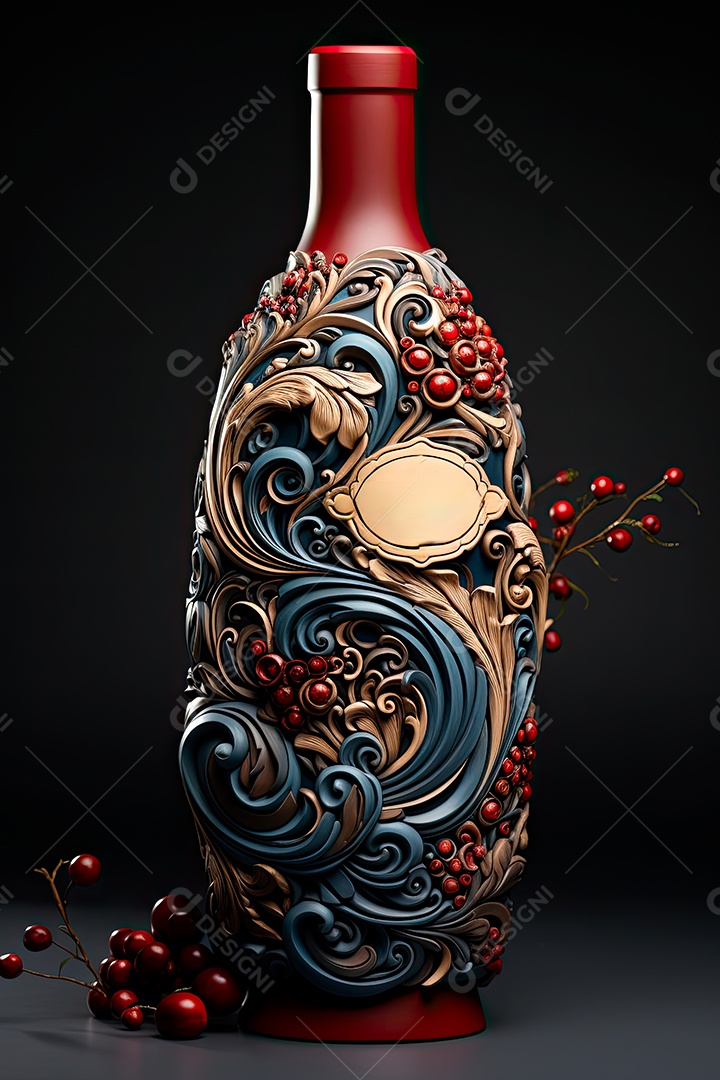 Garrafa de vinho tinto personalizada adornada com arte de rótulo intrincada
