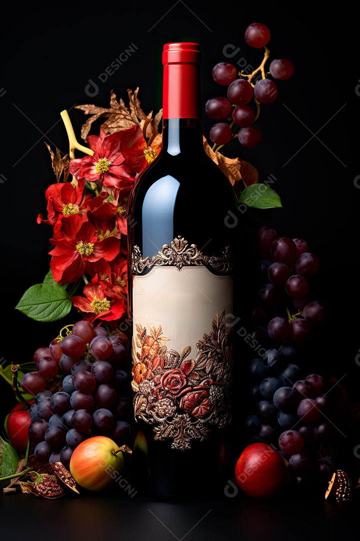 Garrafa de vinho tinto personalizada adornada com arte de rótulo intrincada