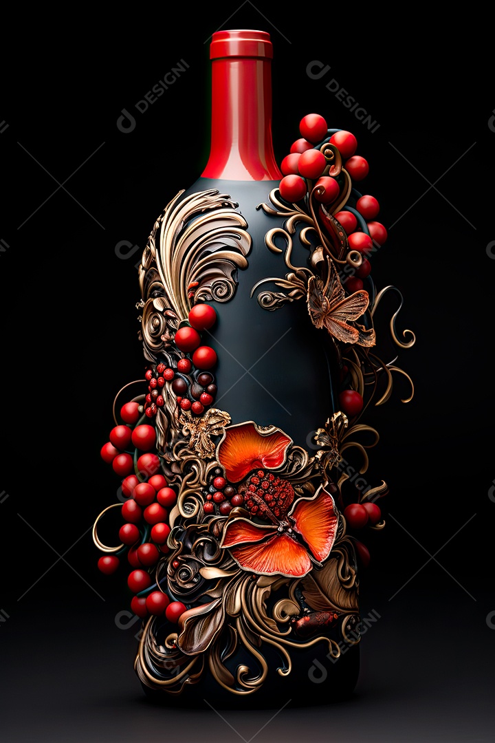 Garrafa de vinho tinto personalizada adornada com arte de rótulo intrincada
