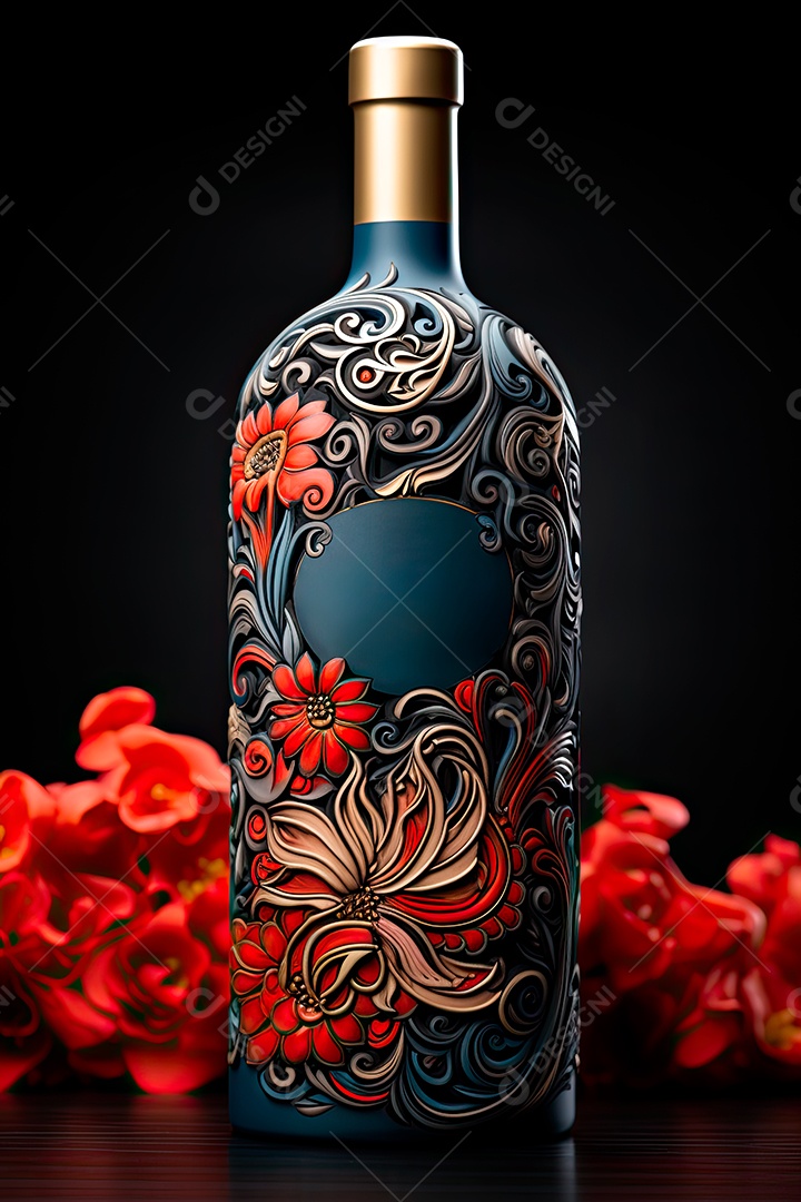 Garrafa de vinho tinto personalizada adornada com arte de rótulo intrincada