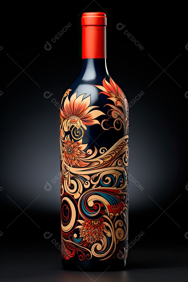 Garrafa de vinho tinto personalizada adornada com arte de rótulo intrincada