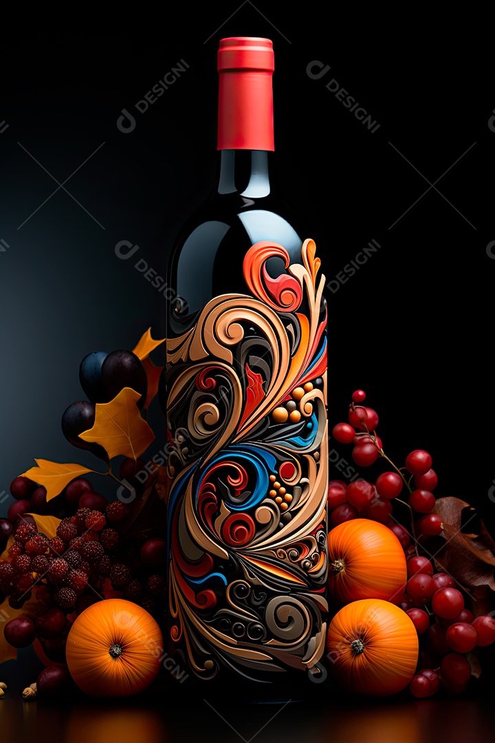Garrafa de vinho tinto personalizada adornada com arte de rótulo intrincada