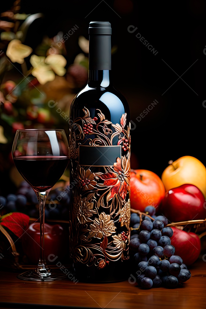 Garrafa de vinho tinto personalizada adornada com arte de rótulo intrincada