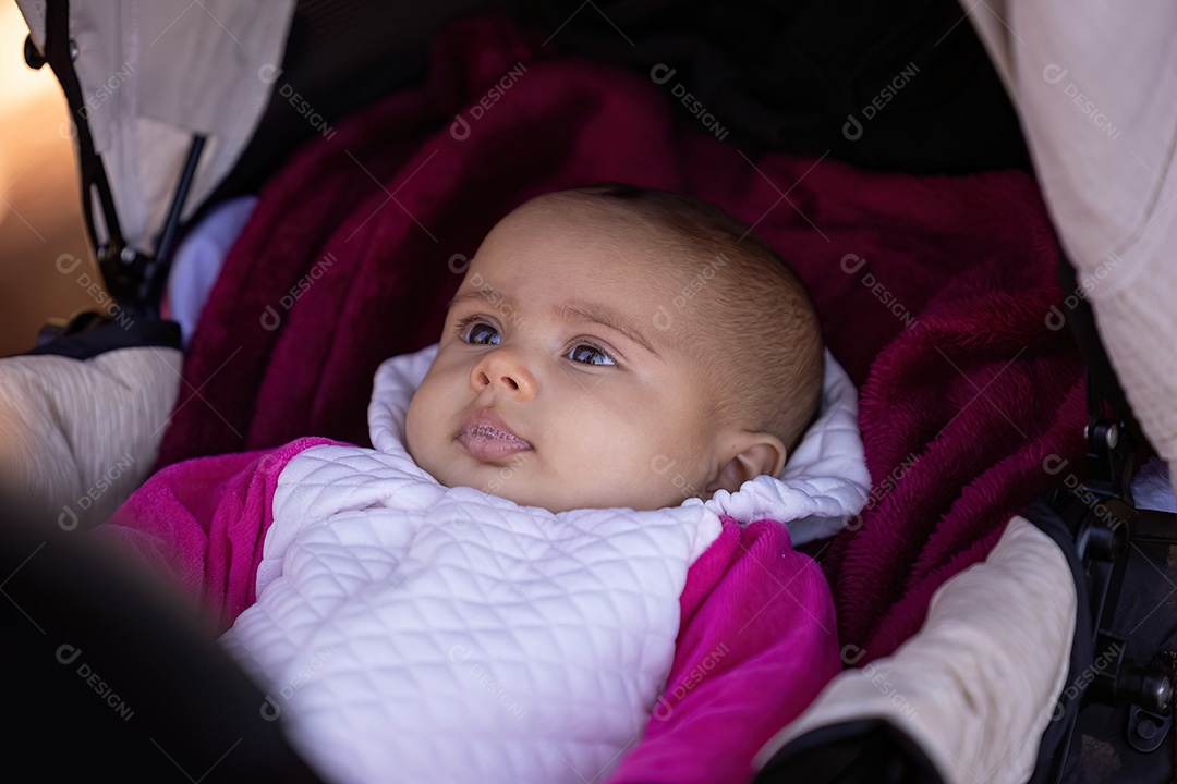 Rosto de uma menina recém-nascida com roupas brancas e rosa em um carrinho de bebê