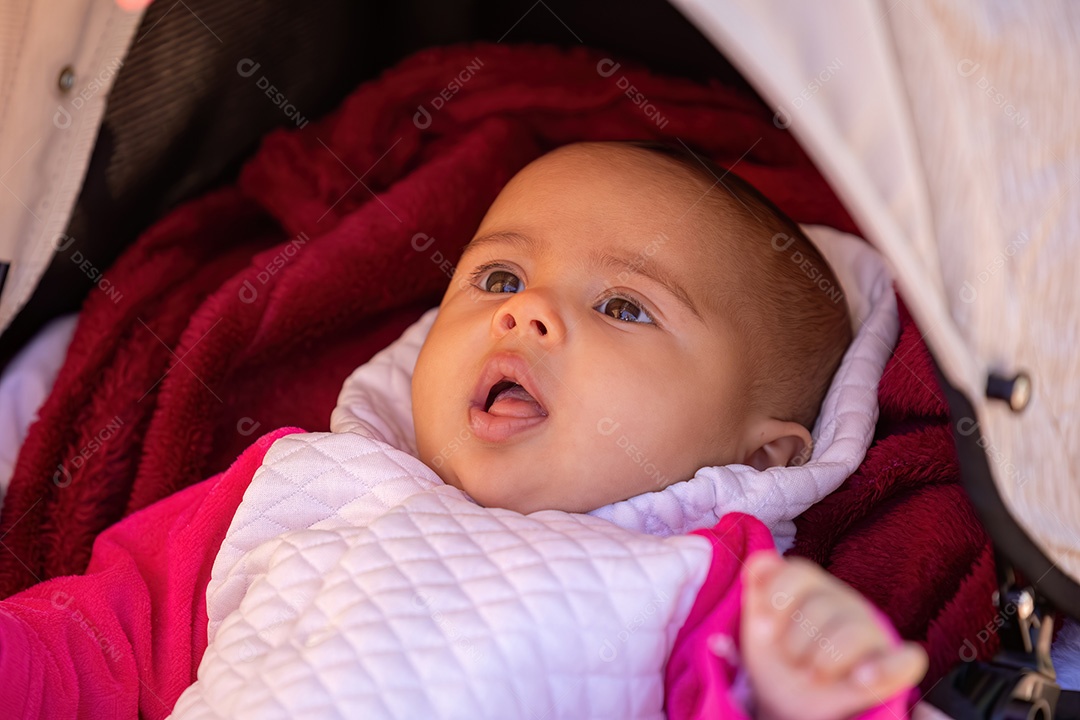 Rosto de uma menina recém-nascida com roupas brancas e rosa em um carrinho de bebê