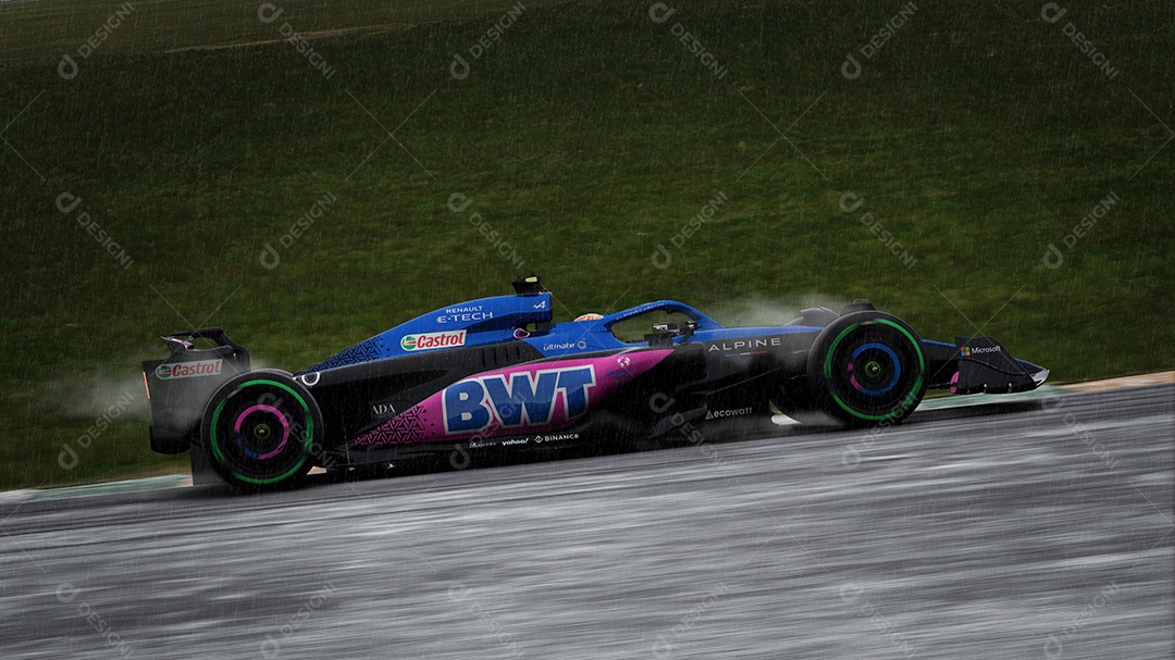 Carro Alpine F1 correndo na chuva