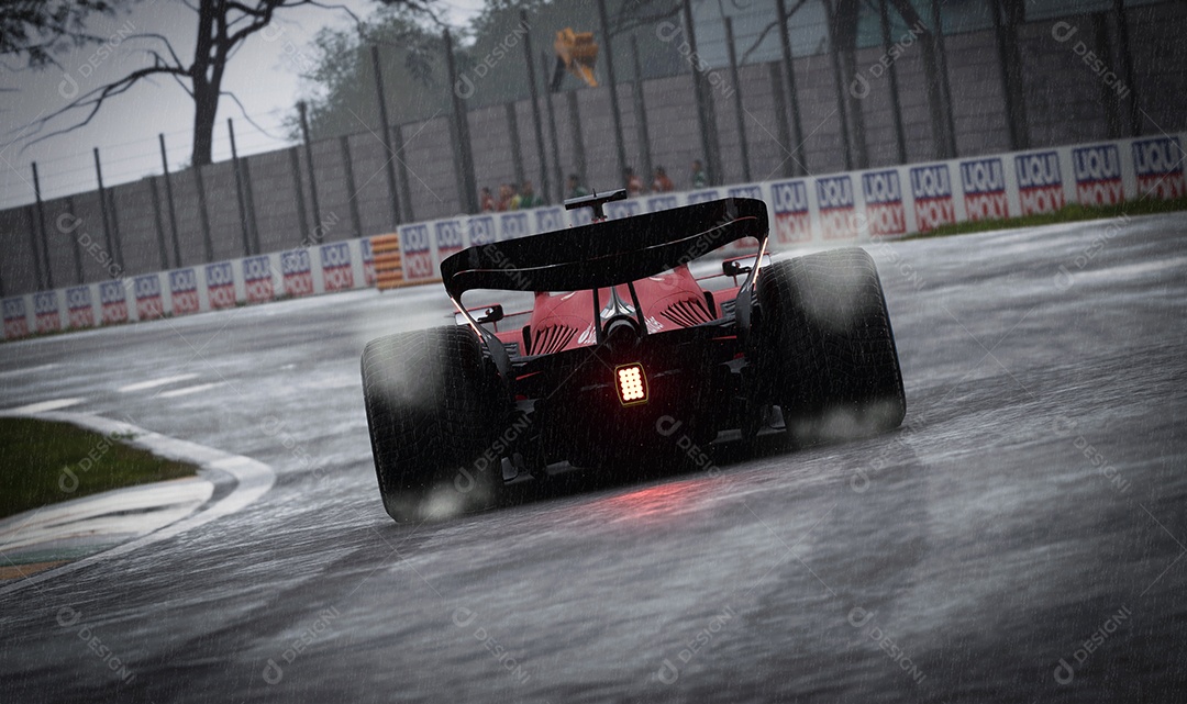 Carro Ferrari F1 correndo na chuva