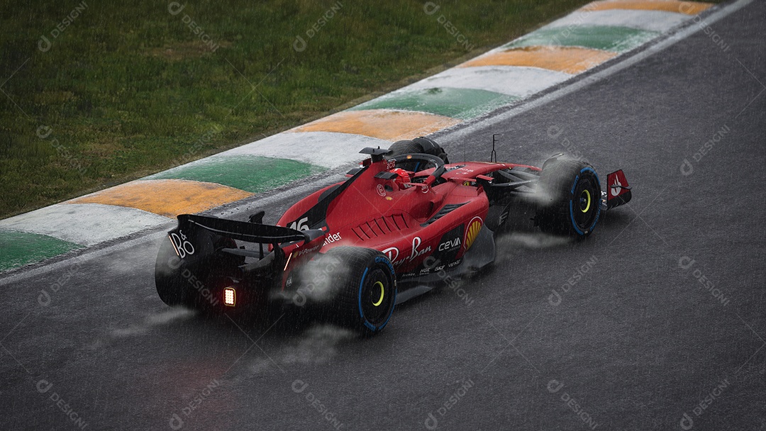 Carro Ferrari F1 correndo na chuva