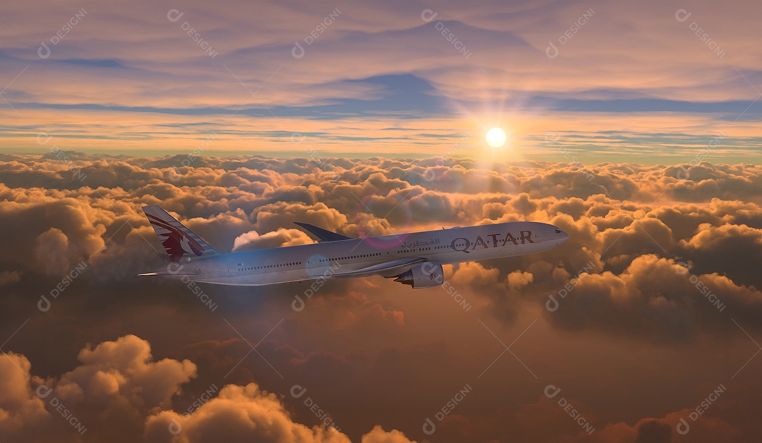 Avião qatar voando sobre o incrível pôr do sol