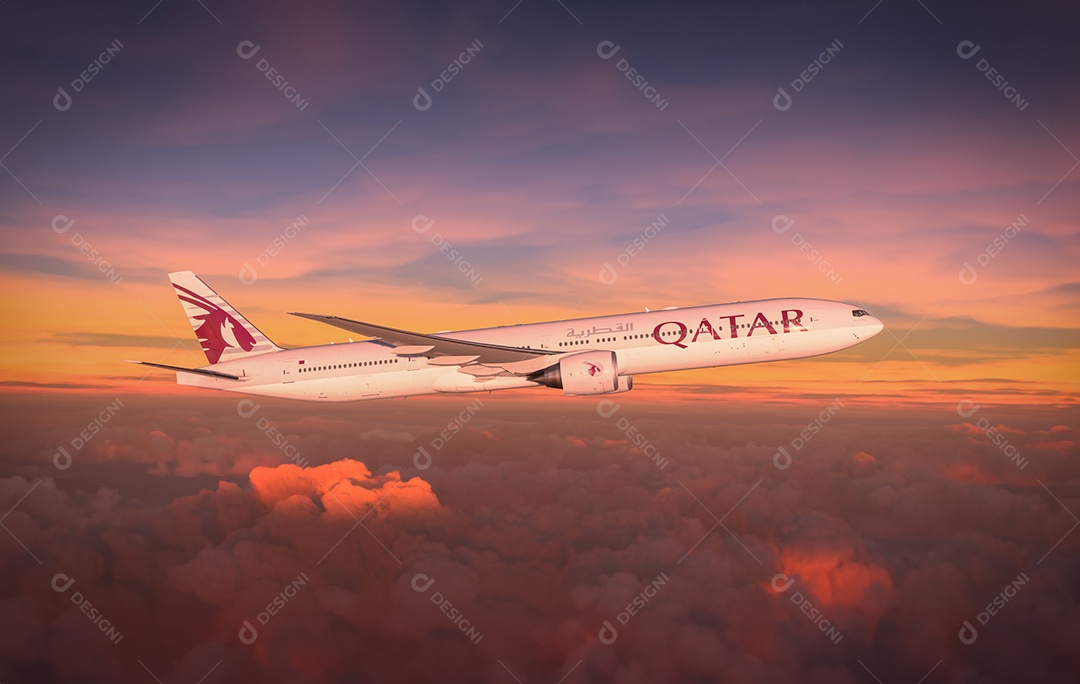 Avião qatar sobrevoando o incrível pôr do sol