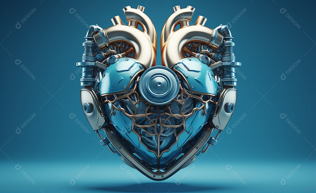 Coração mecânico isolado em azul pastel