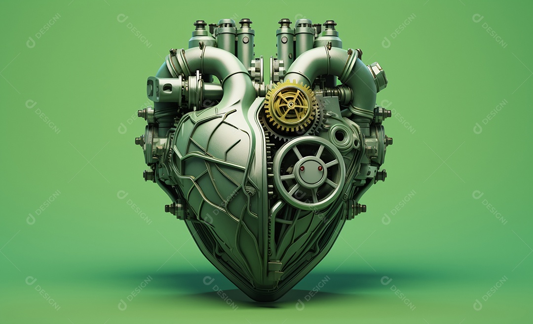Coração mecânico isolado em fundo verde