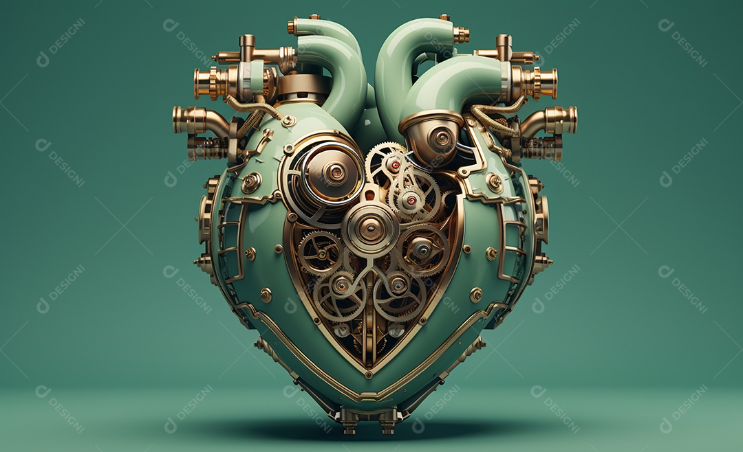 Coração mecânico isolado em fundo verde