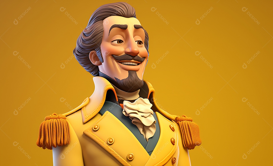 Desenho animado de Dom Pedro IV sorrindo em fundo amarelo