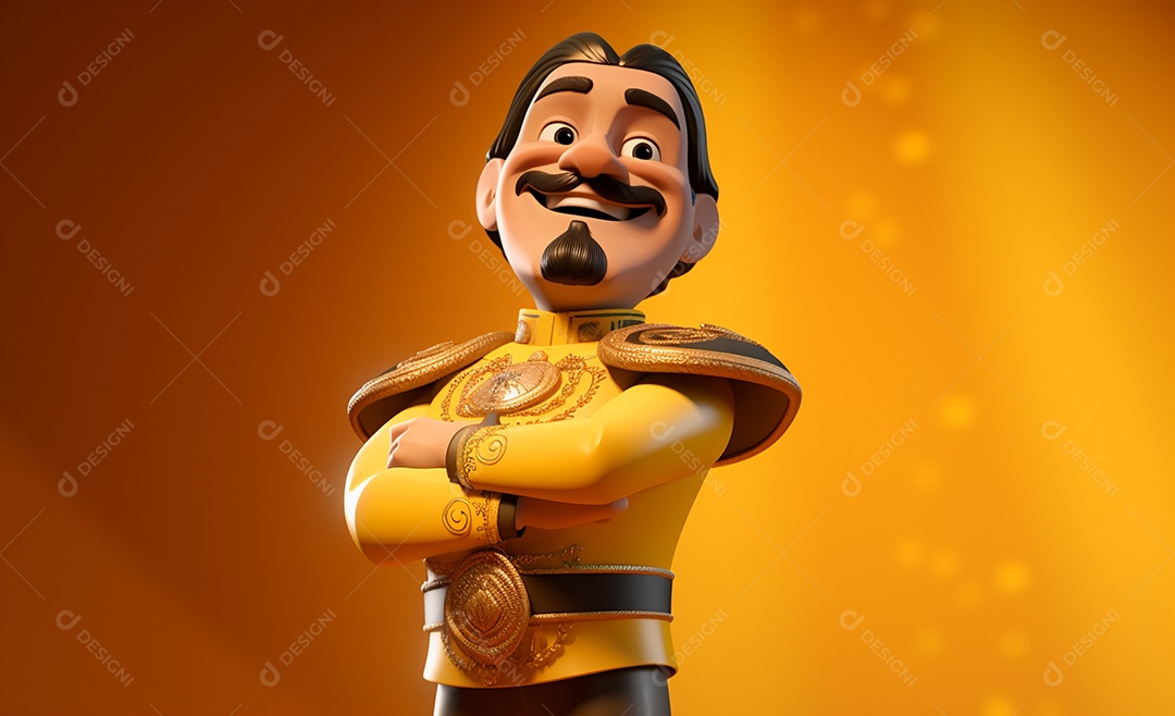 Desenho animado de Dom Pedro IV sorrindo em fundo amarelo