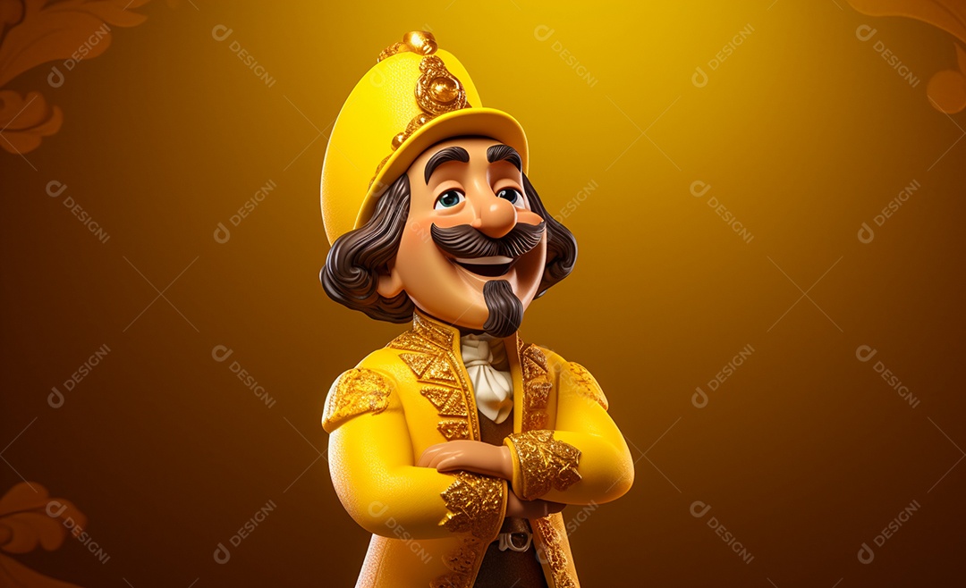 Desenho animado de Dom Pedro IV sorrindo em fundo amarelo