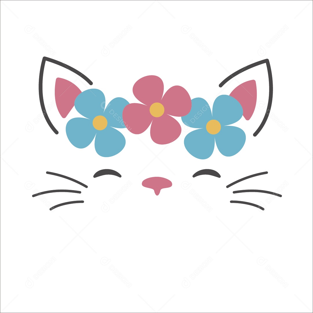 Gato Preto e Branco com Flores Ilustração Vetor EPS