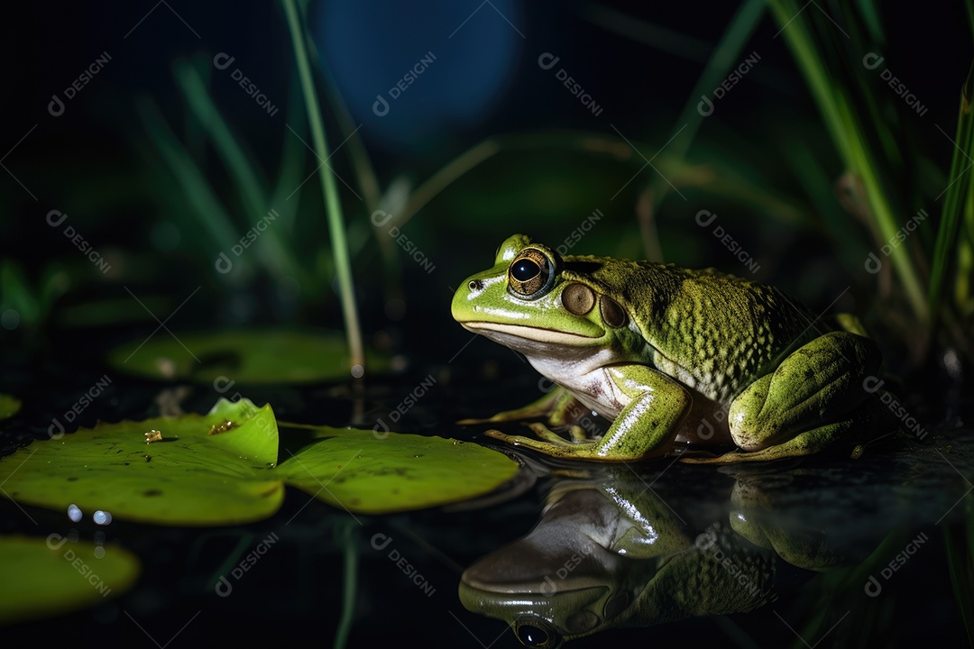 Um sapo encantador no meio do surro do pântano noturno