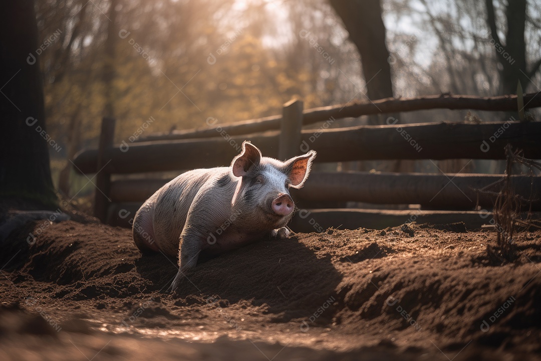 Um porco gordinho com um casaco rosa e olhos inteligentes estava deitado