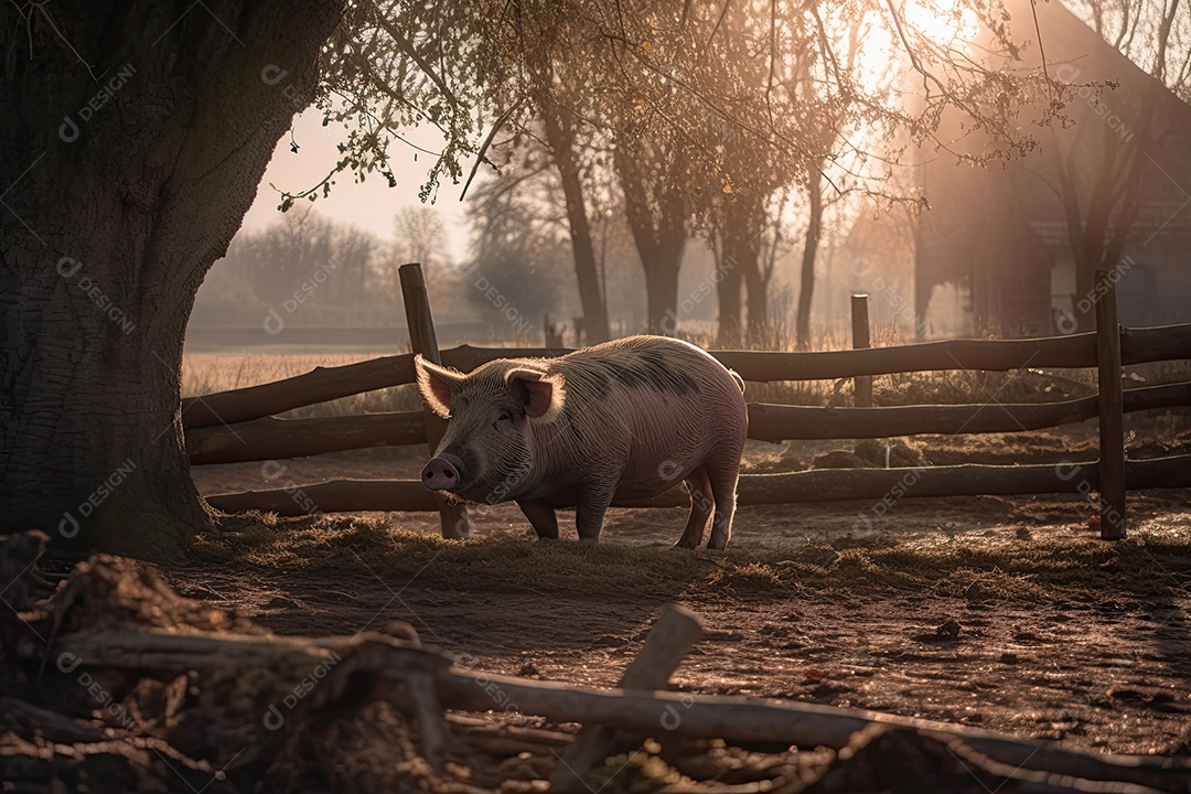 Um porco gordinho com um casaco rosa e olhos inteligentes estava deitado