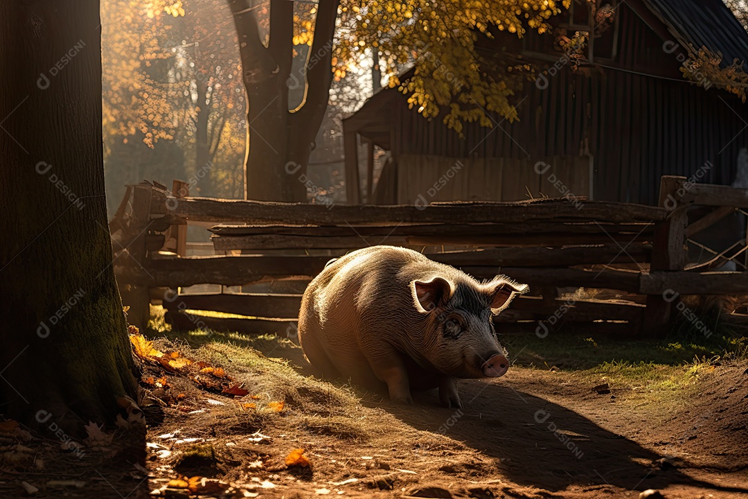 Um porco gordinho com um casaco rosa e olhos inteligentes estava deitado