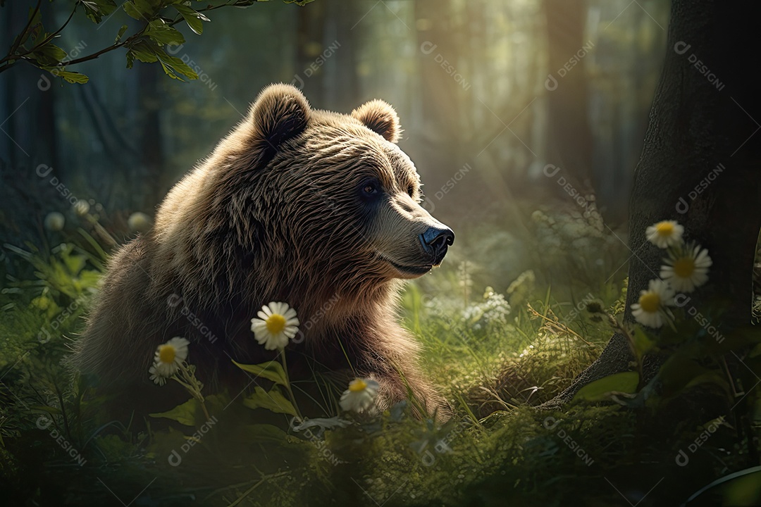 Um urso fofinho emerge das sombras da floresta