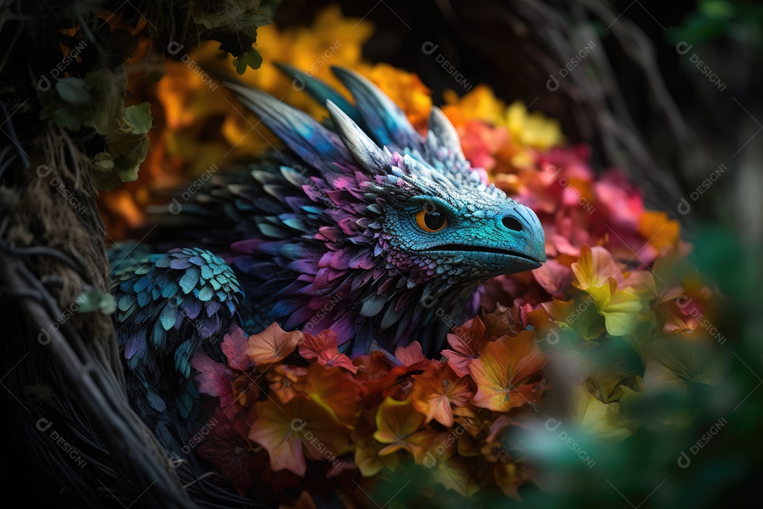 Um dragão fofinho descansa em seu ninho de nuvens sorrindo