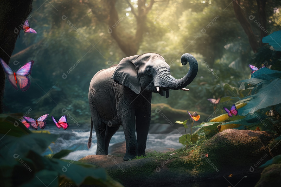 Um elefante fofinho com grandes orelhas cor de rosa e olhos brilhantes