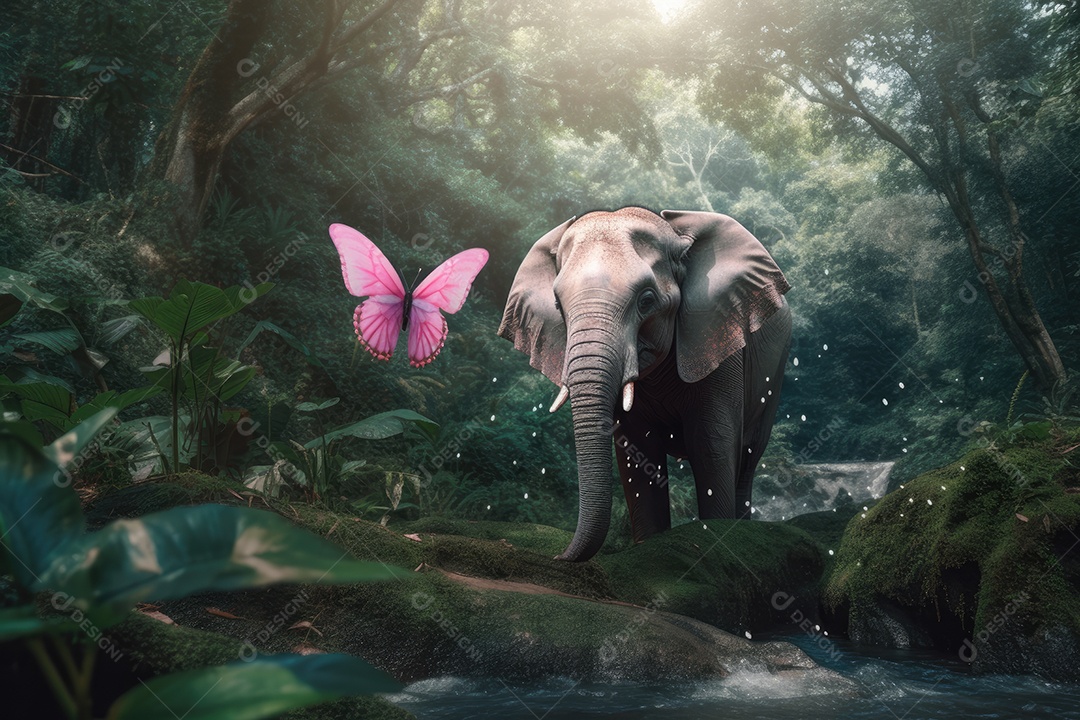 Um elefante fofinho com grandes orelhas cor de rosa e olhos brilhantes