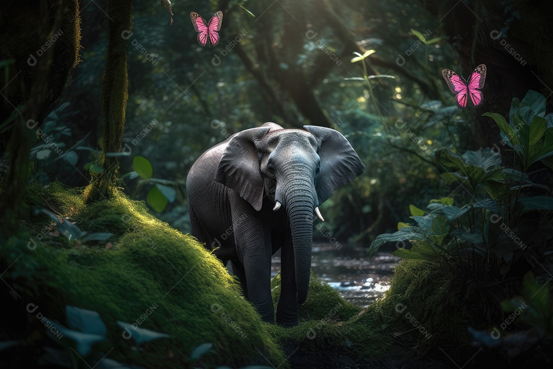 Um elefante fofinho com grandes orelhas cor de rosa e olhos brilhantes