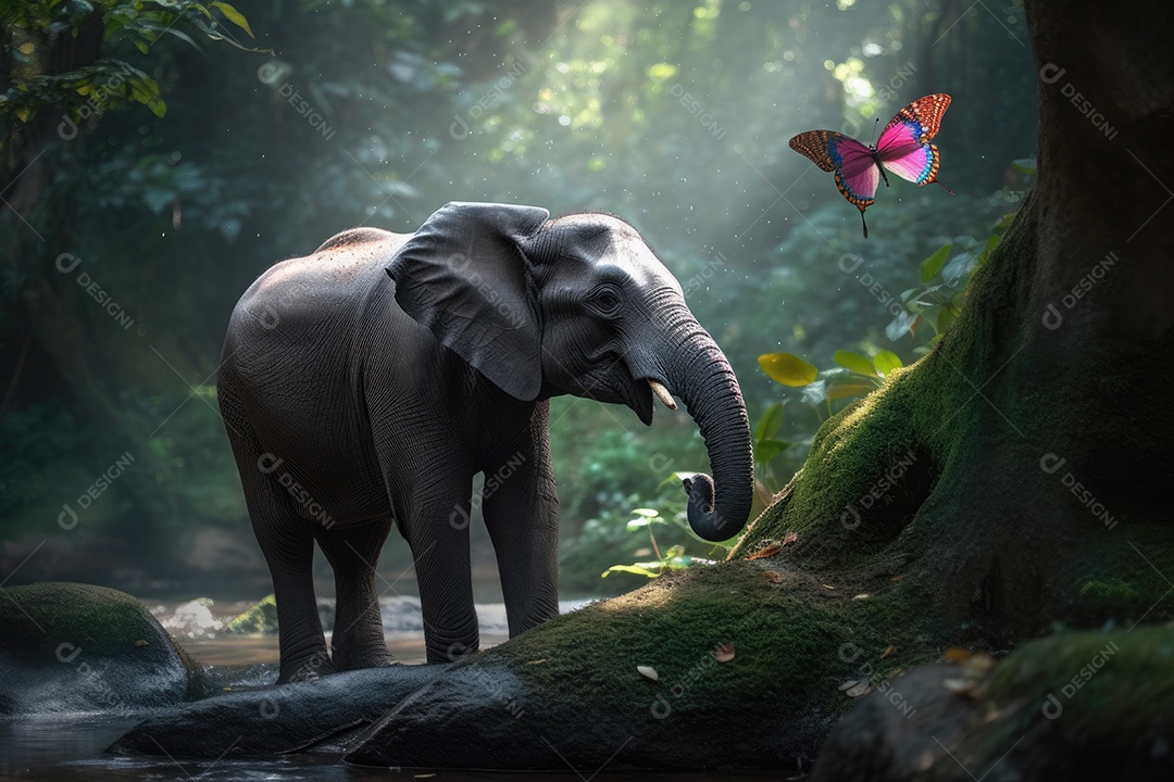 Um elefante fofinho com grandes orelhas cor de rosa e olhos brilhantes