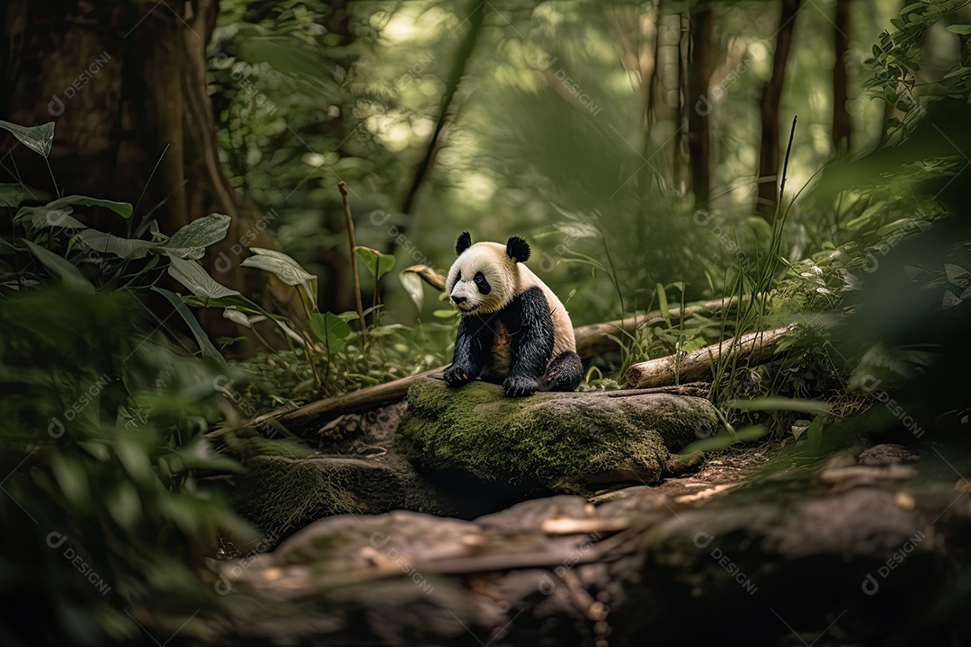 Um panda fofinho senta-se amorosamente em meio a um bosque de bambus