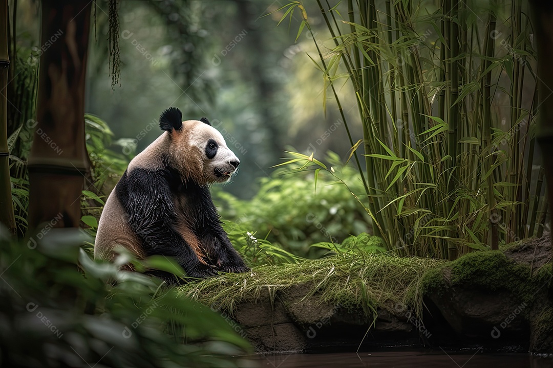 Um panda fofinho senta-se amorosamente em meio a um bosque de bambus