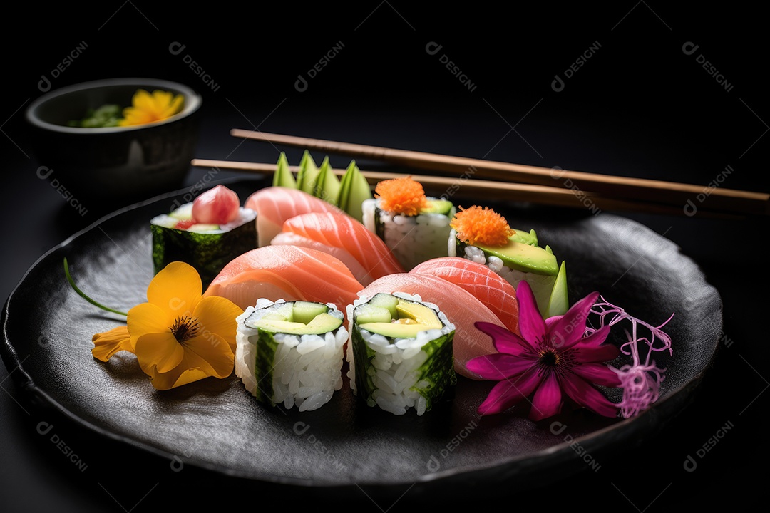 Um prato de sushi delicadamente organizado e envolto