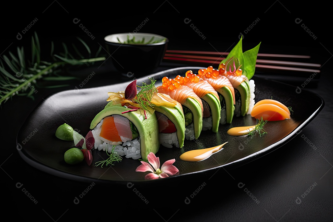 Um prato de sushi delicadamente organizado e envolto