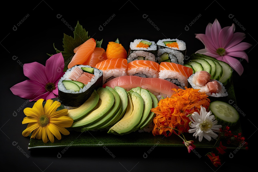 Um prato de sushi delicadamente organizado e envolto