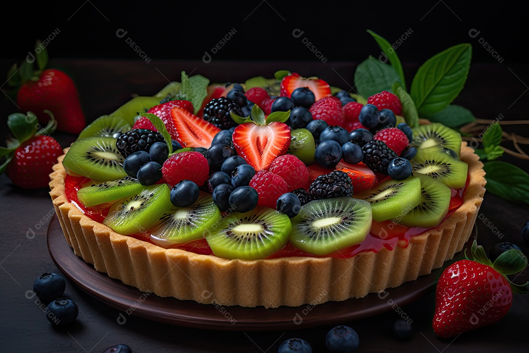 Uma deliciosa torta de frutas frescas repousa sobre um dourado crocante