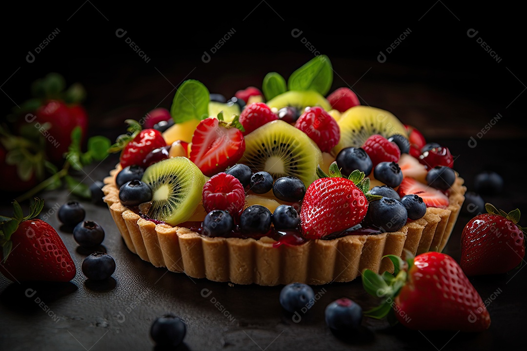 Uma deliciosa torta de frutas frescas repousa sobre um dourado crocante