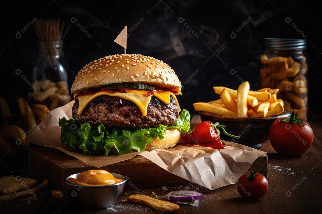 Delicioso Hambúrguer sobre uma mesa de madeira