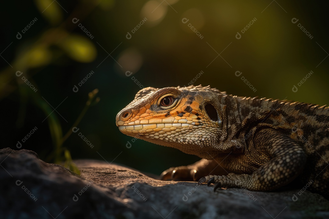 Escamas de lagarto douradas brilhando ao pôr do sol