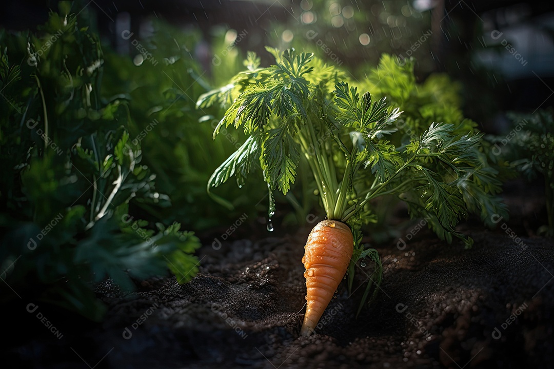 Uma suculenta cenoura laranja brilha à luz do sol em meio