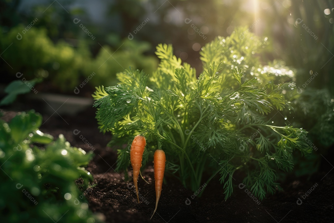 Uma suculenta cenoura laranja brilha à luz do sol em meio