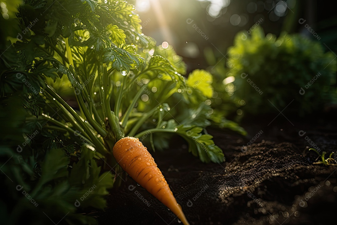 Uma suculenta cenoura laranja brilha à luz do sol em meio