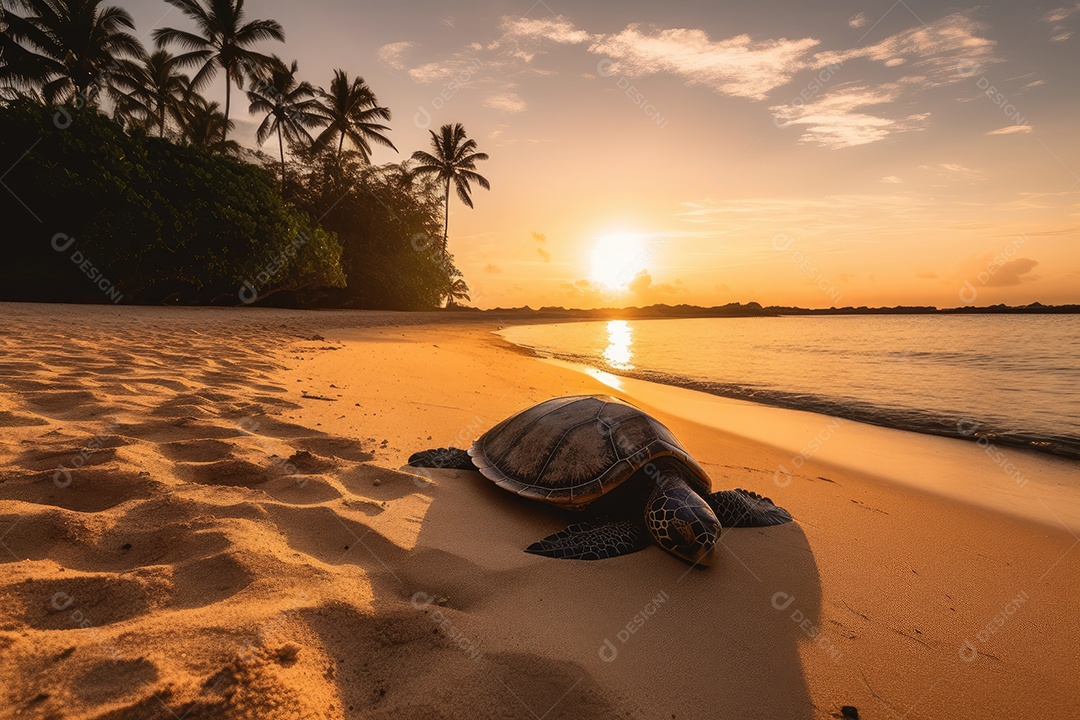 Uma tartaruga solitária descansando em uma praia de areia branca