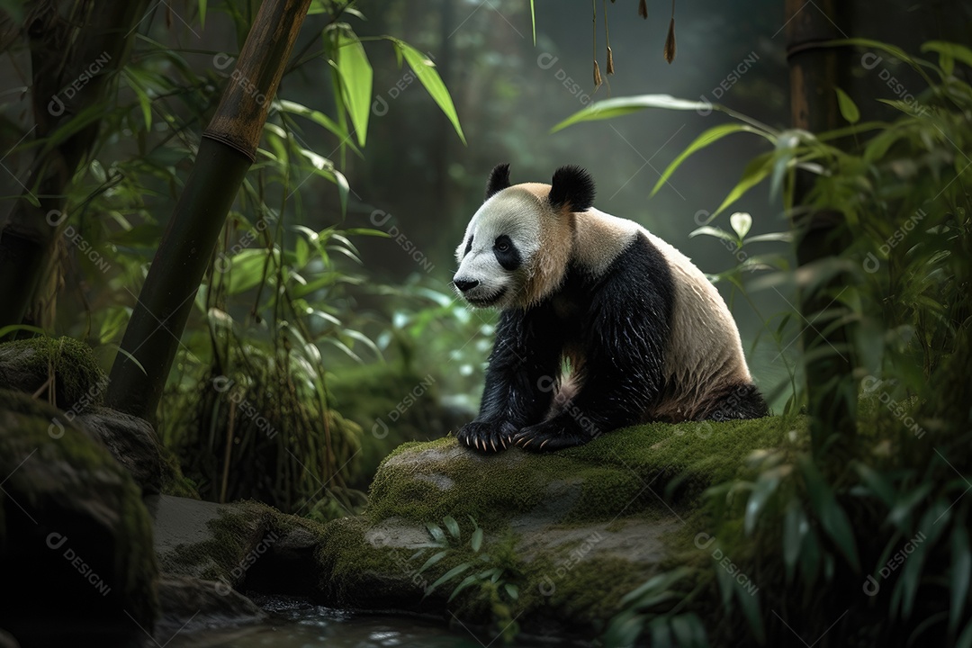 Um panda de pele exuberante e olhos brilhantes senta-se pacificamente no meio