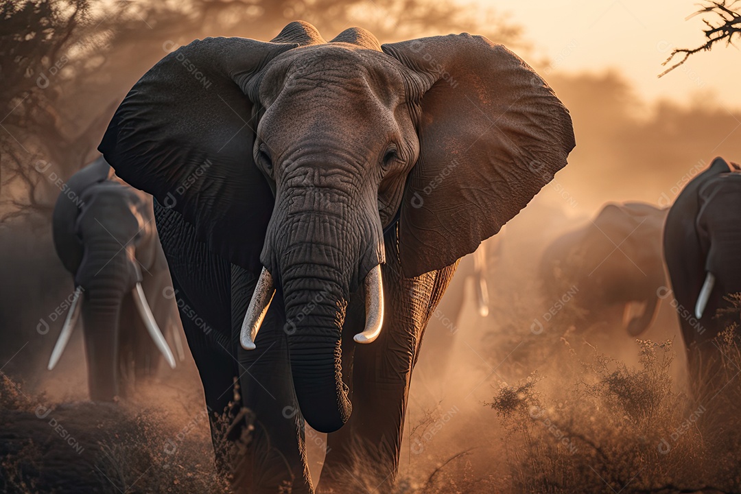 Um majestoso elefante africano emerge do deserto empoeirado