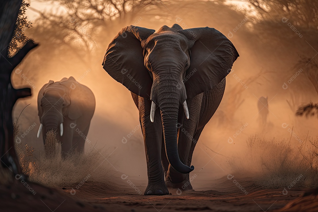 Um majestoso elefante africano emerge do deserto empoeirado