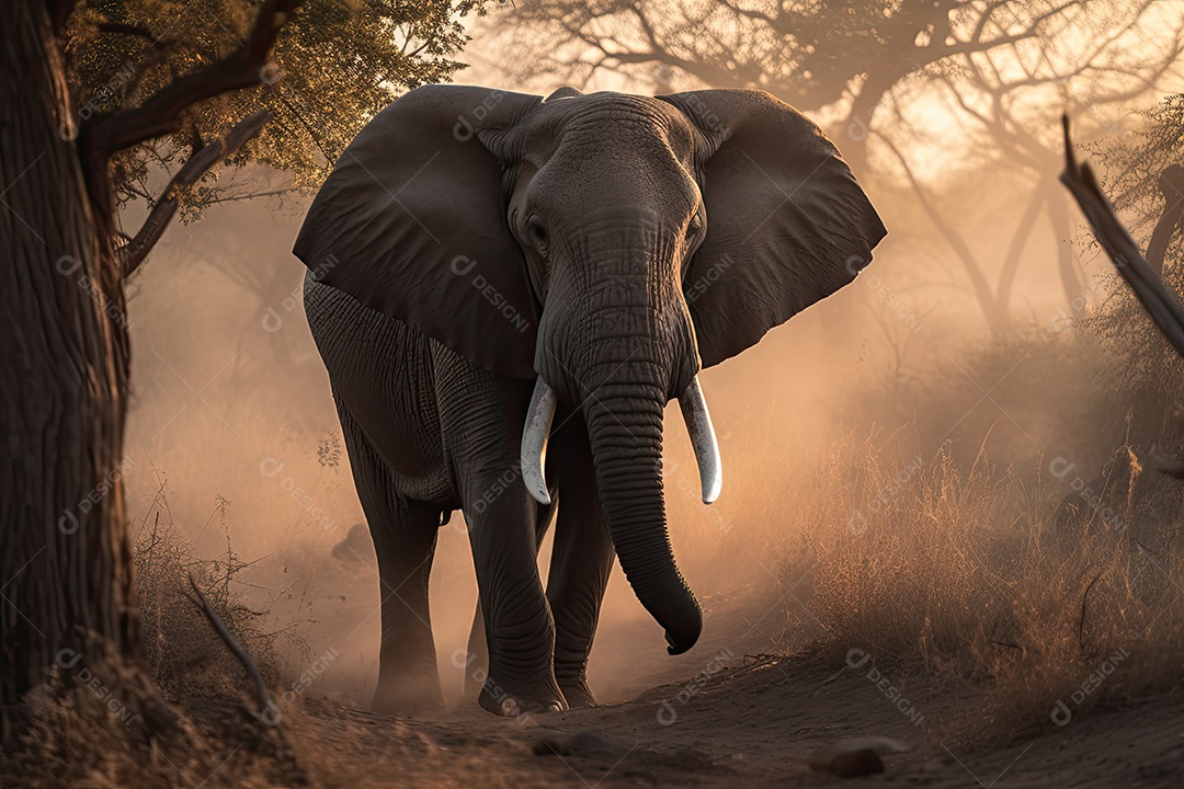Um majestoso elefante africano emerge do deserto empoeirado