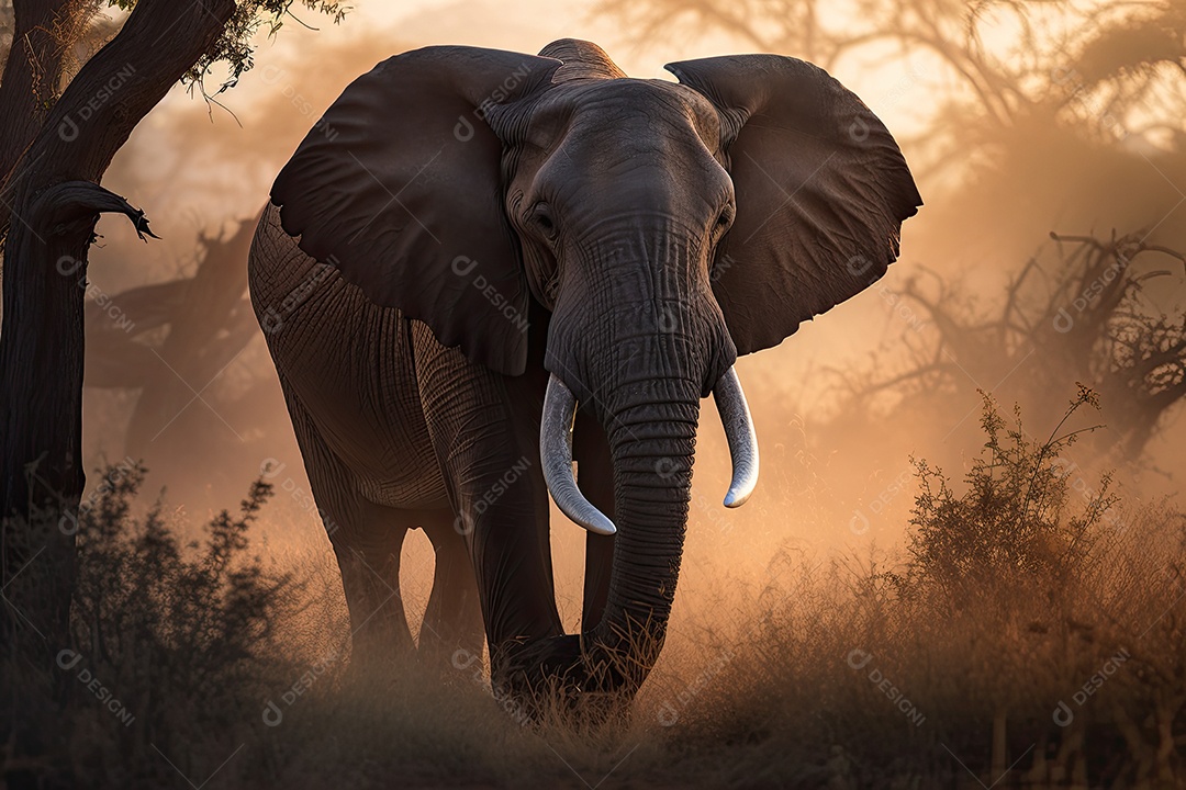 Um majestoso elefante africano emerge do deserto empoeirado